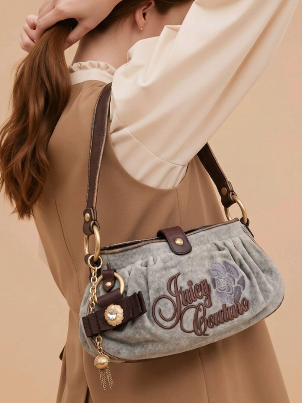 Juicy Couture ✦ Gray Velvet Shoulder Bag ✦ Brown Leather Trim Gold Hardware